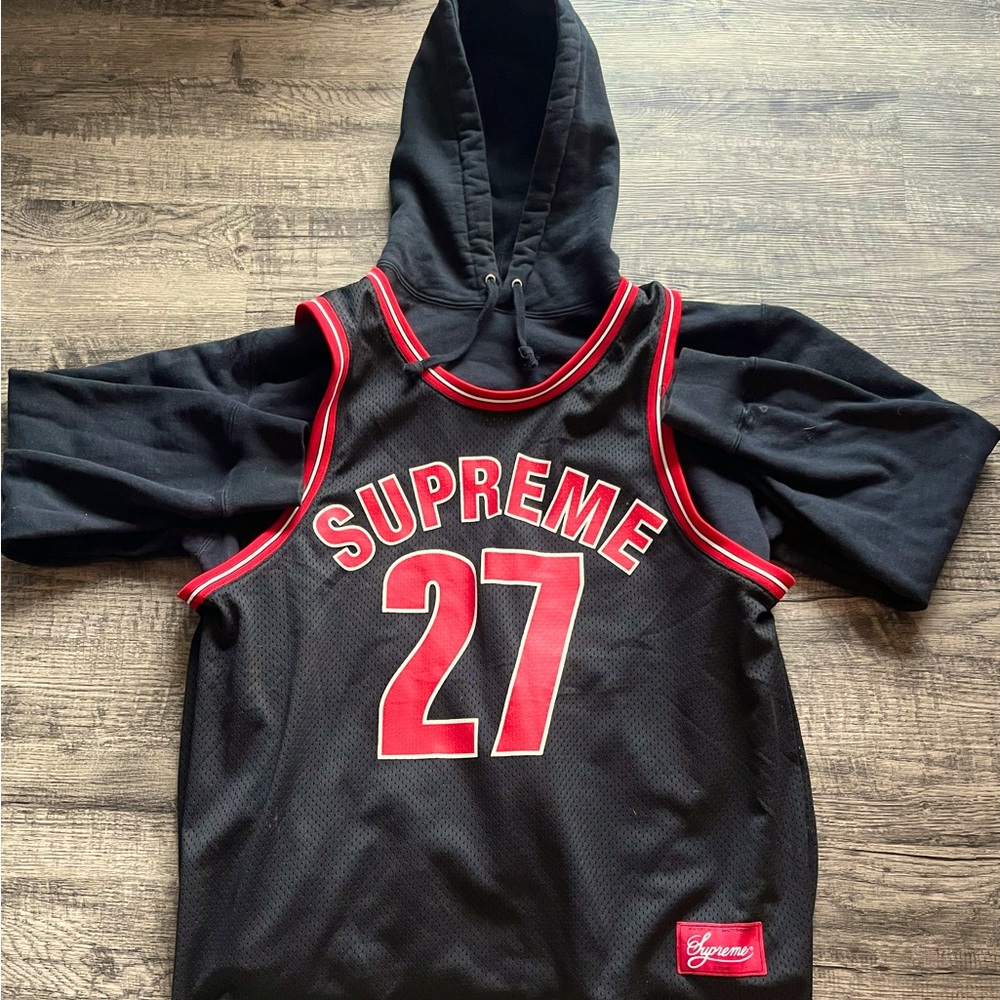 Supreme Basketball Jersey Hooded Sweatshirt Black Size M Fits Loose
